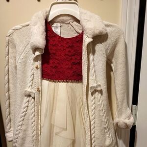 Princess Girls Dress Burgundy/White/ Christmas Size 4T &  White Sweater Size 6